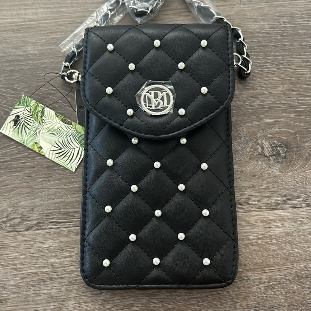 Badgley Mischka Pearls Strap Phone Case With Diamond Quilting And Pearls